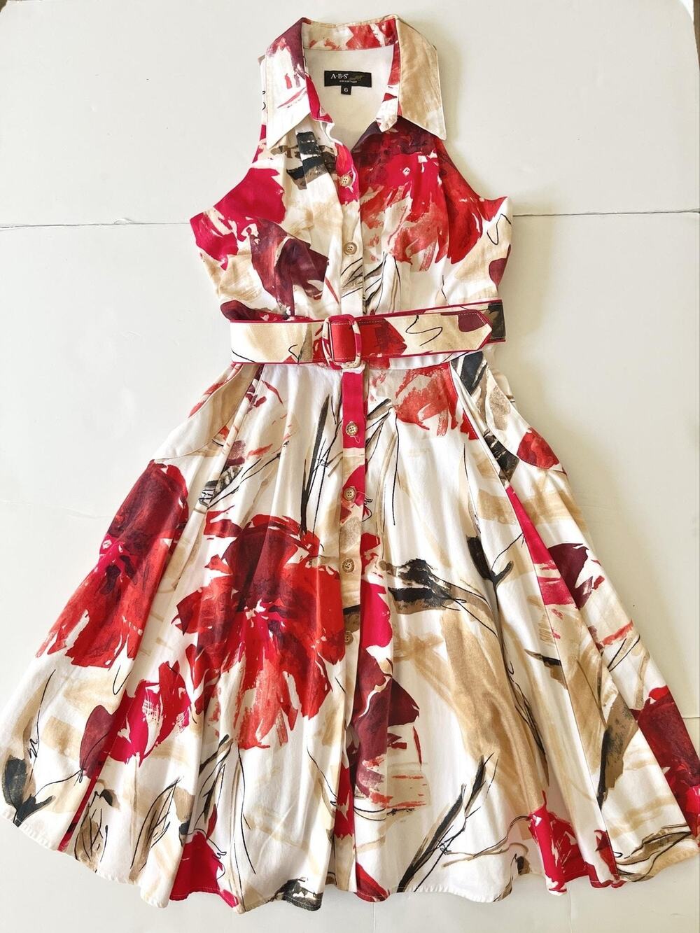 A.B.S Collection Dress Womens 6 Red Floral Fit & Flare 80s 60s Belted Pockets